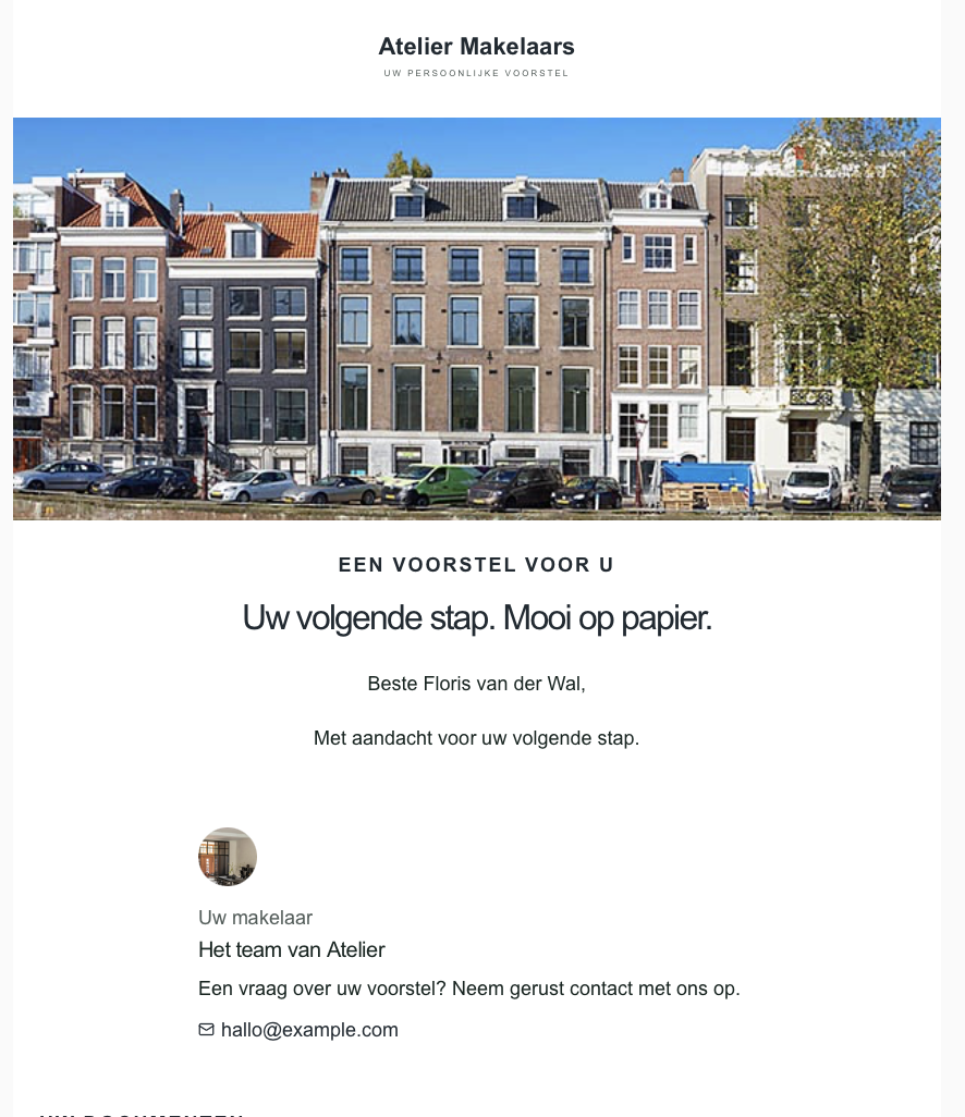 Klantomgeving van Atelier Makelaars met woningfoto en een persoonlijk voorstel voor Floris van der Wal.